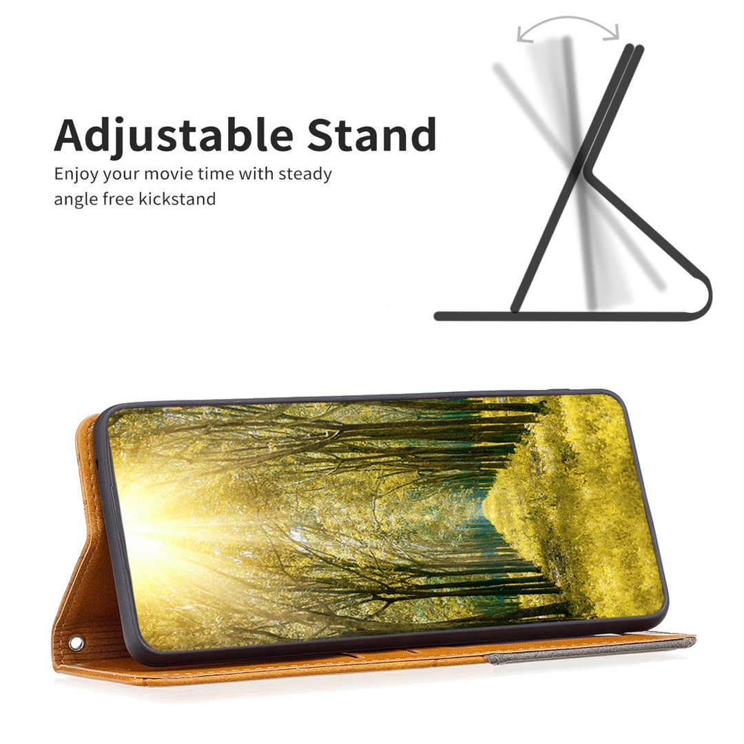 Uniqkart for iPhone 15 Pro Imprinted Line Cell Phone Case Stand Card Holder Shell Leather Phone Cover - Yellow Uniqkart for iPhone 15 Pro Imprinted Line Cell Phone Case Stand Card Holder Shell Leather Phone Cover - Yellow